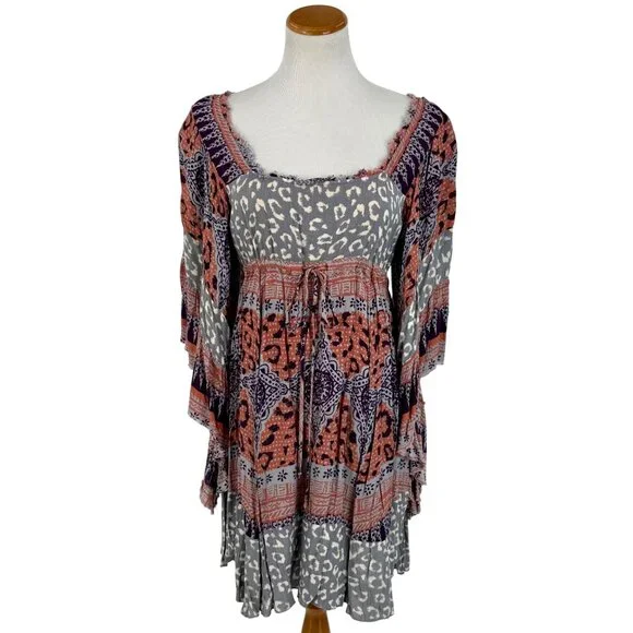 Free People Boho Flowy Printed Bell Sleeve Crisscross Back Hippie Mini Dress - Picture 2 of 14